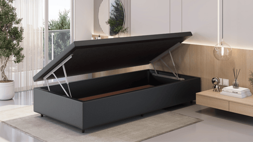 Base Box Baú Orthocrin Corino Preto Pés de Madeira - Orthocrin