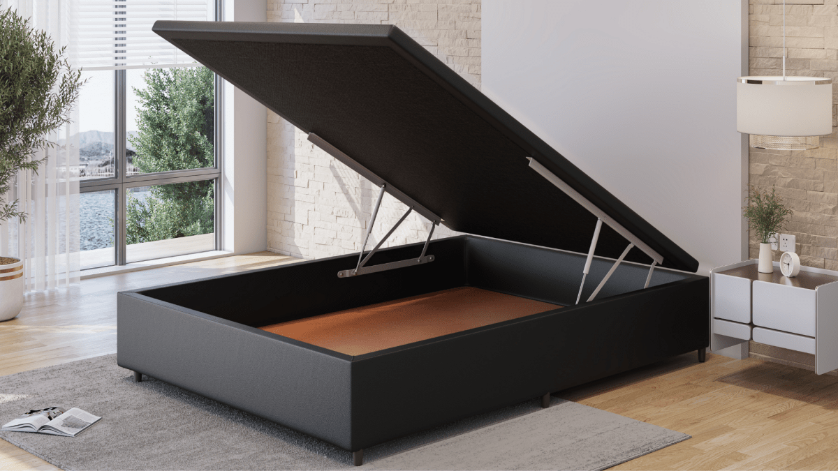Base Box Baú Orthocrin Corino Preto Pés de Madeira - Orthocrin